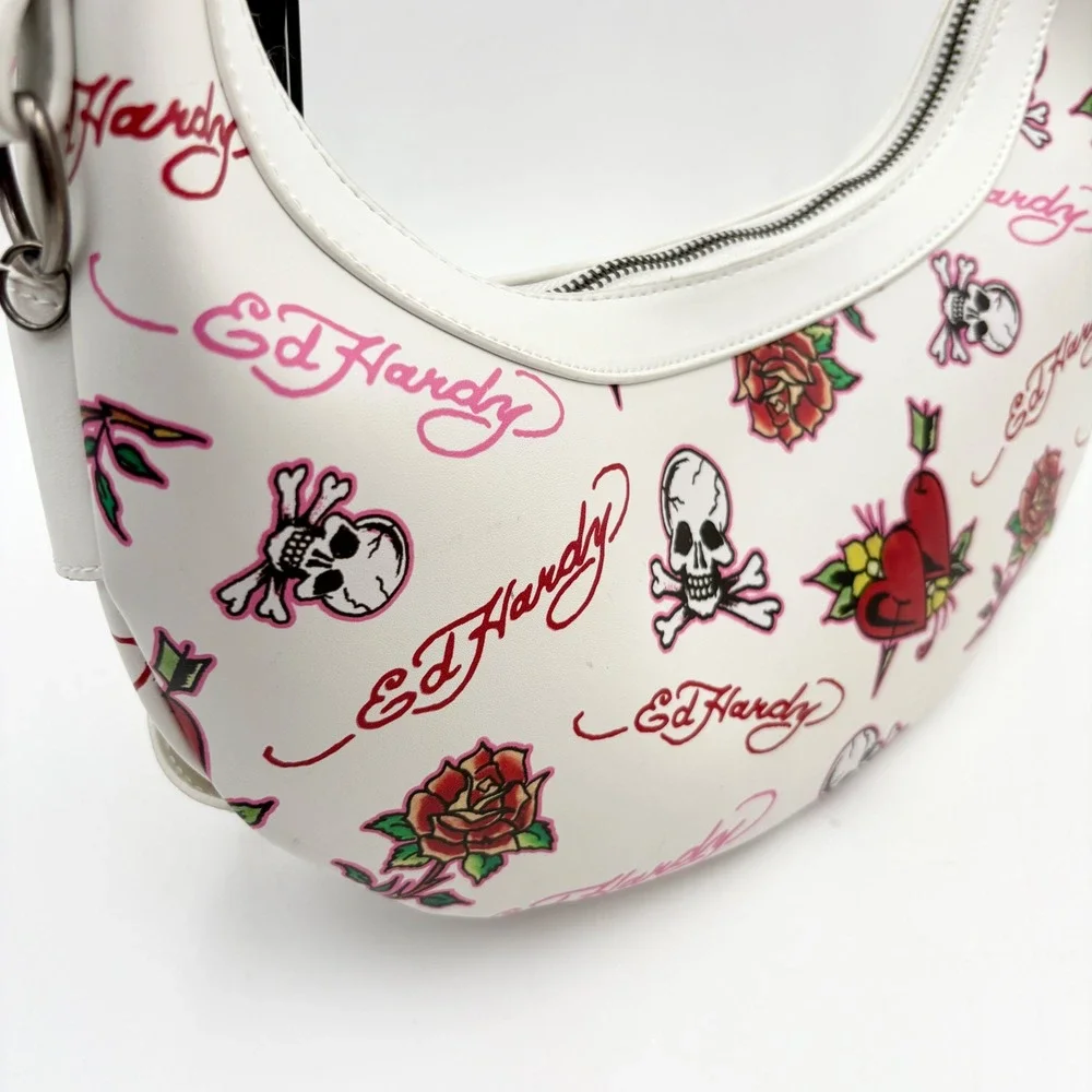 Ed Hardy White Skull‎ Rose Tattoo Hobo Shoulder Bag Purse